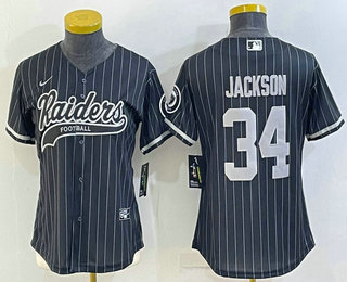 Women's Las Vegas Raiders #34 Bo Jackson Black Team Big Logo With Patch Cool Base Stitched Baseball Jersey