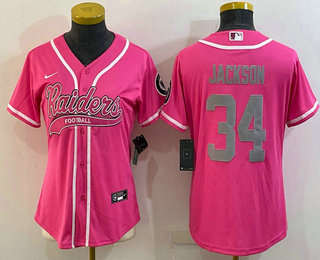 Women's Las Vegas Raiders #34 Bo Jackson Pink With Patch Cool Base Stitched Baseball Jersey