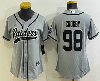 Women's Las Vegas Raiders #98 Maxx Crosby Grey With Patch Cool Base Stitched Baseball Jersey