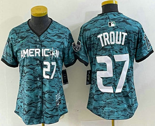 Women's Los Angeles Angels #27 Mike Trout Number Teal 2023 All Star Cool Base Stitched Jersey 01