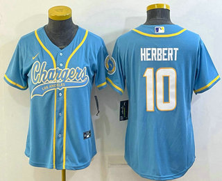 Women's Los Angeles Chargers #10 Justin Herbert Blue With Patch Cool Base Stitched Baseball Jersey