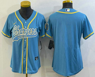 Women's Los Angeles Chargers Blank Blue With Patch Cool Base Stitched Baseball Jersey