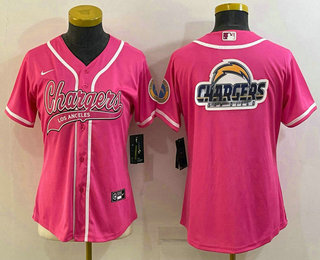 Women's Los Angeles Chargers Pink Team Big Logo With Patch Cool Base Stitched Baseball Jersey