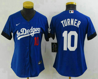 Women's Los Angeles Dodgers #10 Justin Turner Blue 2021 City Connect Number Cool Base Stitched Jersey