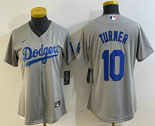 Women's Los Angeles Dodgers #10 Justin Turner Grey Cool Base Stitched Nike Jersey