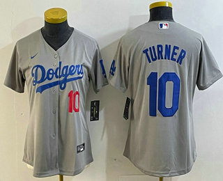 Women's Los Angeles Dodgers #10 Justin Turner Number Grey Cool Base Stitched Nike Jersey