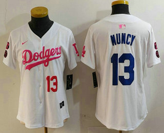 Women's Los Angeles Dodgers #13 Max Muncy Number White Pink With Patch Limited Stitched Jersey