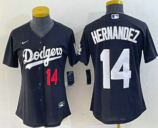 Women's Los Angeles Dodgers #14 Enrique Hernandez Number Black Stitched Cool Base Nike Jersey