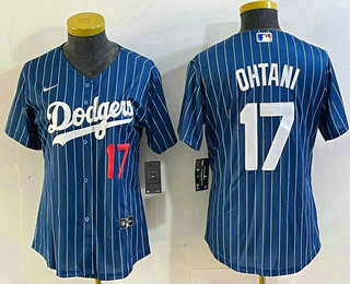 Women's Los Angeles Dodgers #17 Shohei Ohtani Number Blue Pinstripe Cool Base Stitched Baseball Jersey 11