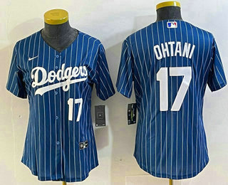 Women's Los Angeles Dodgers #17 Shohei Ohtani Number Blue Pinstripe Cool Base Stitched Baseball Jersey 12