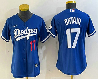 Women's Los Angeles Dodgers #17 Shohei Ohtani Number Blue Stitched Cool Base Nike Jersey