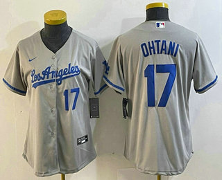 Women's Los Angeles Dodgers #17 Shohei Ohtani Number Grey With Los Cool Base Stitched Jersey 11