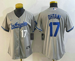 Women's Los Angeles Dodgers #17 Shohei Ohtani Number Grey With Los Cool Base Stitched Jersey 12