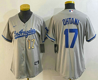 Women's Los Angeles Dodgers #17 Shohei Ohtani Number Grey With Los Cool Base Stitched Jersey 13