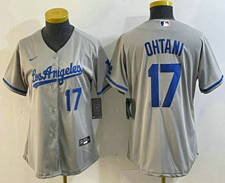 Women's Los Angeles Dodgers #17 Shohei Ohtani Number Grey With Los Cool Base Stitched Jersey 14