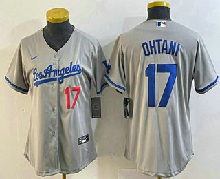 Women's Los Angeles Dodgers #17 Shohei Ohtani Number Grey With Los Cool Base Stitched Jersey