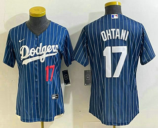 Women's Los Angeles Dodgers #17 Shohei Ohtani Number Red Navy Blue Pinstripe Stitched Cool Base Nike Jersey 01