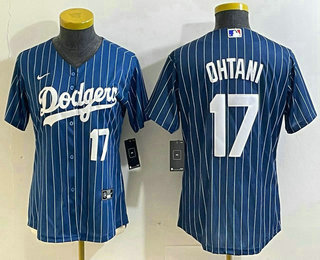 Women's Los Angeles Dodgers #17 Shohei Ohtani Number Red Navy Blue Pinstripe Stitched Cool Base Nike Jersey 02