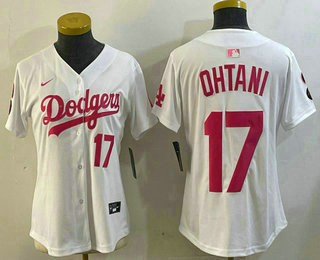 Women's Los Angeles Dodgers #17 Shohei Ohtani Number White Pink Limited Cool Base Stitched Jersey