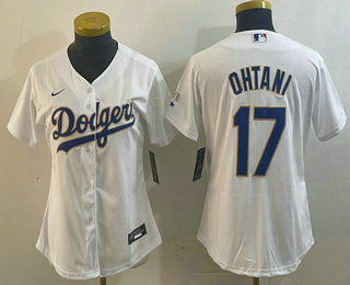 Women's Los Angeles Dodgers #17 Shohei Ohtani White Gold Championship Stitched Cool Base Nike Jersey