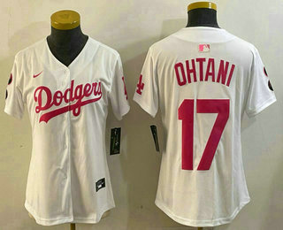 Women's Los Angeles Dodgers #17 Shohei Ohtani White Pink Limited Cool Base Stitched Jersey