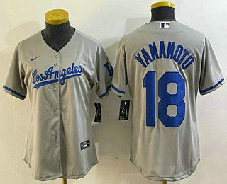 Women's Los Angeles Dodgers #18 Yoshinobu Yamamoto Grey With Los Cool Base Stitched Jersey