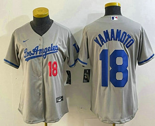 Women's Los Angeles Dodgers #18 Yoshinobu Yamamoto Number Grey With Los Cool Base Stitched Jersey