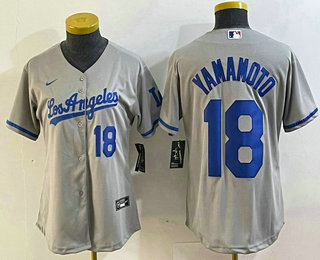 Women's Los Angeles Dodgers #18 Yoshinobu Yamamoto Number Grey With Los Cool Base Stitched Jersey 12