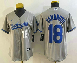 Women's Los Angeles Dodgers #18 Yoshinobu Yamamoto Number Grey With Los Cool Base Stitched Jersey 13