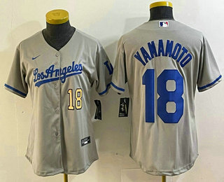 Women's Los Angeles Dodgers #18 Yoshinobu Yamamoto Number Grey With Los Cool Base Stitched Jersey 14