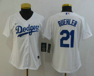 Women's Los Angeles Dodgers #21 Walker Buehler White Stitched MLB Cool Base Nike Jersey