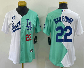 Women's Los Angeles Dodgers #22 Bad Bunny White Green Two Tone 2022 Celebrity Softball Game Cool Base Jersey 2