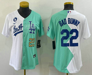 Women's Los Angeles Dodgers #22 Bad Bunny White Green Two Tone 2022 Celebrity Softball Game Cool Base Jersey 3