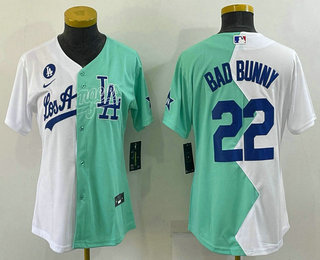 Women's Los Angeles Dodgers #22 Bad Bunny White Green Two Tone 2022 Celebrity Softball Game Cool Base Jersey