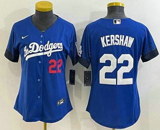 Women's Los Angeles Dodgers #22 Clayton Kershaw Blue 2021 City Connect Number Cool Base Stitched Jersey