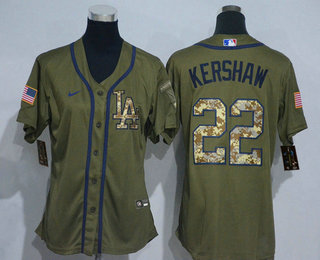 Women's Los Angeles Dodgers #22 Clayton Kershaw Green Salute To Service Stitched MLB Cool Base Nike Jersey