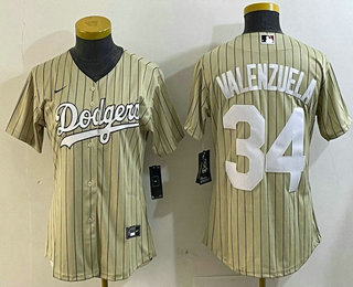 Women's Los Angeles Dodgers #34 Fernando Valenzuela Cream Pinstripe Stitched Cool Base Nike Jersey