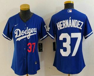 Women's Los Angeles Dodgers #37 Teoscar Hernandez Number Blue Cool Base Stitched Jersey