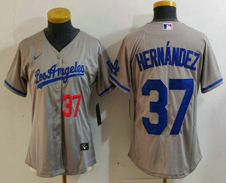 Women's Los Angeles Dodgers #37 Teoscar Hernandez Number Grey With Los Cool Base Stitched Jersey