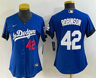 Women's Los Angeles Dodgers #42 Jackie Robinson Number Blue 2021 City Connect Cool Base Stitched Jersey