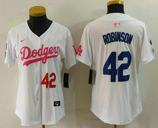 Women's Los Angeles Dodgers #42 Jackie Robinson Number White Pink With Patch Limited Stitched Jersey