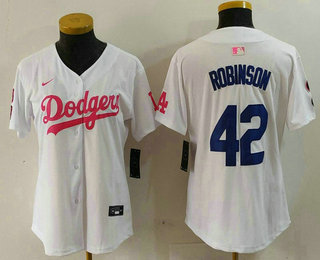 Women's Los Angeles Dodgers #42 Jackie Robinson White Pink With Patch Limited Stitched Jersey