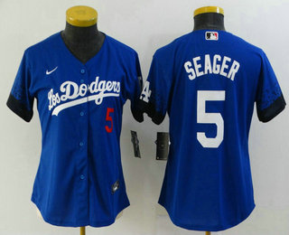 Women's Los Angeles Dodgers #5 Corey Seager Blue 2021 City Connect Number Cool Base Stitched Jersey