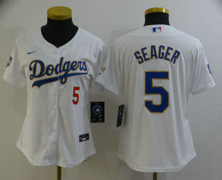 Women's Los Angeles Dodgers #5 Corey Seager Red Number White Gold Championship Stitched MLB Cool Base Nike Jersey