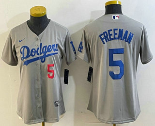 Women's Los Angeles Dodgers #5 Freddie Freeman  Number Grey Cool Base Stitched Nike Jersey