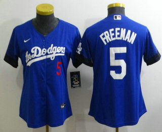 Women's Los Angeles Dodgers #5 Freddie Freeman Blue 2022 City Connect Number Cool Base Stitched Jersey