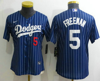 Women's Los Angeles Dodgers #5 Freddie Freeman Navy Blue Pinstripe Stitched MLB Cool Base Nike Jersey