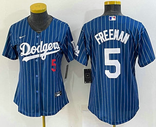 Women's Los Angeles Dodgers #5 Freddie Freeman Number Navy Blue Pinstripe Stitched MLB Cool Base Nike Jersey