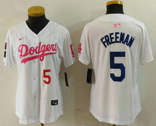 Women's Los Angeles Dodgers #5 Freddie Freeman Number White Pink With Patch Limited Stitched Jersey