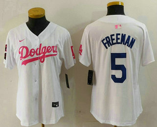 Women's Los Angeles Dodgers #5 Freddie Freeman White Pink With Patch Limited Stitched Jersey